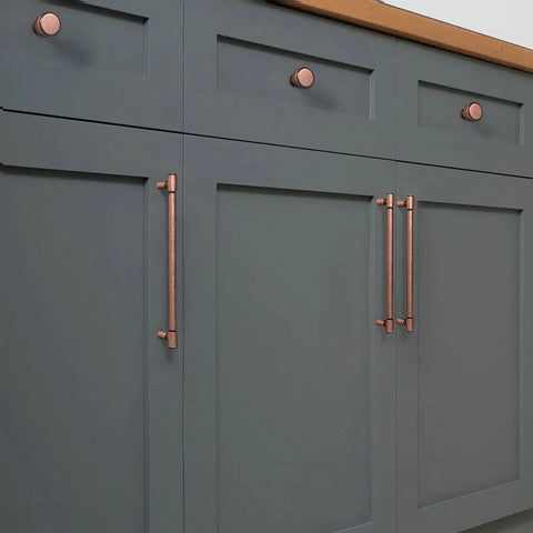 Six Pack 5.04 Inch Center To Center Antique Copper Drawer Pulls Red Bronze Bar Handles on gray kitchen cabinets