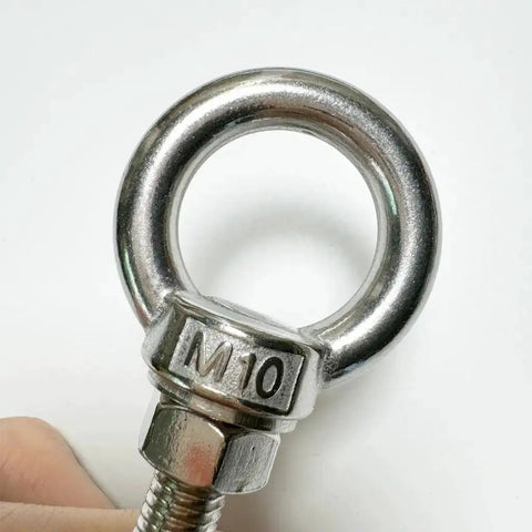Close-up of M10 stainless steel shoulder eye bolt with nut from Two Pack Heavy Duty M10 Stainless Shoulder Eye Bolt Set With Nuts And Flat Washers 72mm Total Length 30mm Thread Corrosion Resistant 304 Stainless Steel Lifting Ring Eyebolts For Industrial Rigging