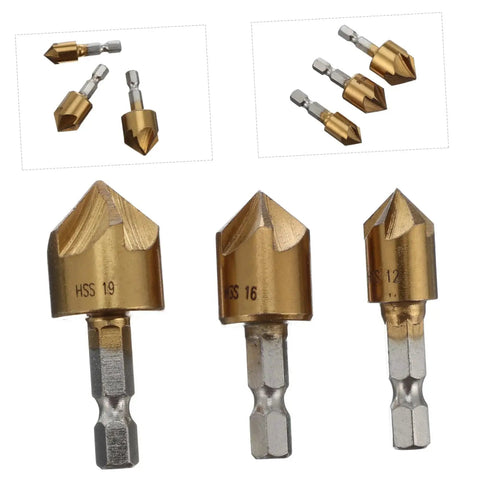 Pro Grade 3 Piece Flute Chamfering Cutter Set With Hex Shank For Woodworking Durable Steel Build Universal Fit For Most Brands Countersink Bits And Self Centering Design Milling Tool For Precise Chamfers And Taps shown in image.