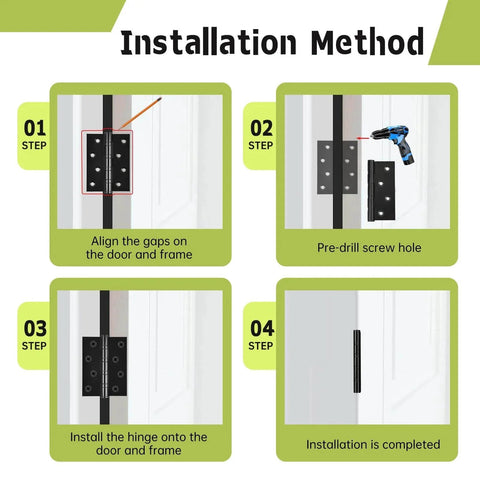 Installation steps for 6 Pack Matte Black 4 Inch Stainless Steel Door Hinges With Ball Bearing, Heavy Duty Hinge Set For Interior And Exterior Doors