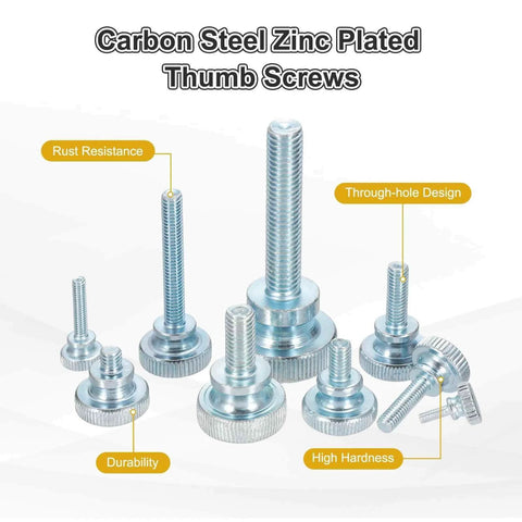 40 Pcs M5x8mm Knurled Thumb Screws, Carbon Steel Zinc Plated, Flat Knurled Head, Fully Threaded Bolts, various sizes shown