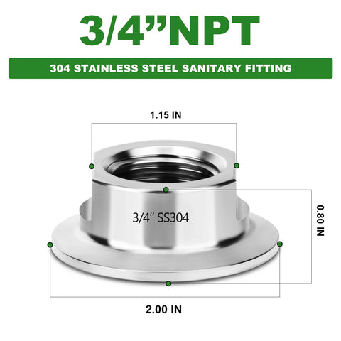 Stainless steel sanitary fitting, 3/4 in NPT female with tri-clamp ferrule, SS304