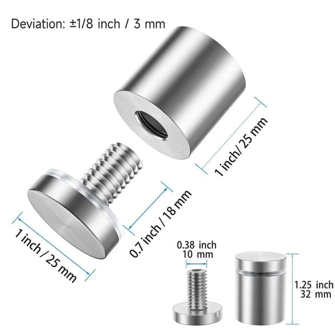8 Pack Stainless Steel Standoff Screws For Acrylic Display, 1 Inch Diameter By 1 Inch Long Wall Mounts With Cap, sign holder size details