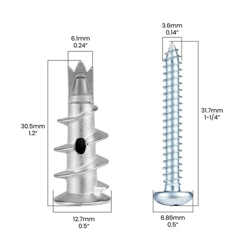 Dimensions of screws in Self Drilling Drywall Anchors Kit With 110 Pieces Hollow Zinc Sheetrock Anchors And Screws Heavy Duty 60Lb Capacity Includes Phillips Drive Bit And Handy Box For Quick Home Fixes.