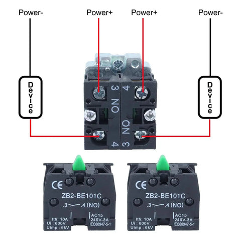 Back view of Three Position Momentary Rotary Selector Switch with Red LED Indicator, showing connection points and device wiring.