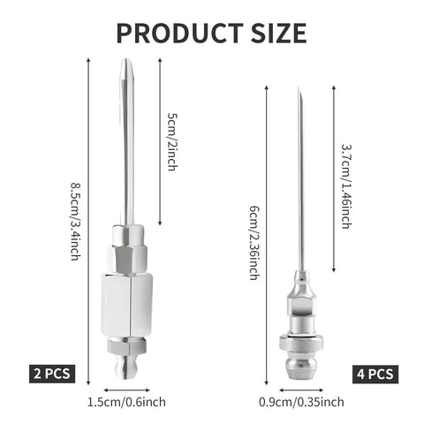 Grease Gun Needle Tip Set, 6 Pack With Four One Eighth Inch NPT 18G Tips And Two Narrow Dispenser Needles with size measurements shown