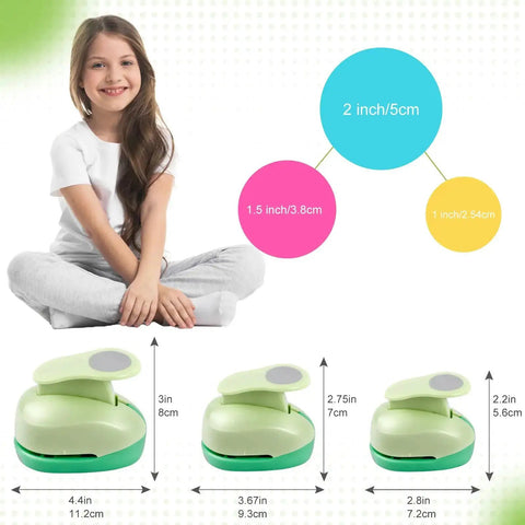 Circle Punch Set Of 3 Inches, 2 In, 1.5 In And 1 In For Crafting Scrapbooking Cards And DIY Albums shown with size chart
