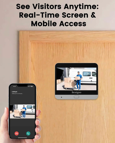 2K Video Peephole Doorbell Camera With 4.3 Inch Color Monitor 8000mAh Battery 170 Degree Wide View Smart Detection Alerts and night vision shown on door with mobile app interface