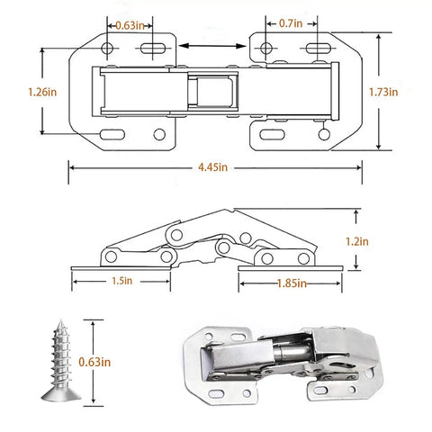 Soft Close Hidden Hinges For Frameless Cabinet Doors 12 Pack, concealed surface mount dimensions with screws and hinge profile view