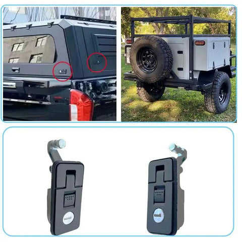 Two Pack Compression Latch Lock For RV Camper Cupboard Doors With Key, showing installed view on RV and close-up of locks