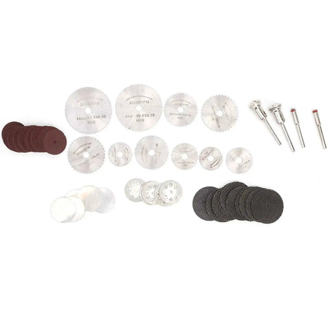 65 Piece Cutting Wheel Set For Glass Tile Metal With HSS Resin Cutters Pro Grade 8 Hole Discs assorted sizes and types.