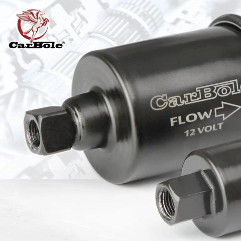 Close-up of Universal Micro Inline Electric Fuel Pump 12V Low Pressure Five Sixteenths Inch Fittings, showing flow direction