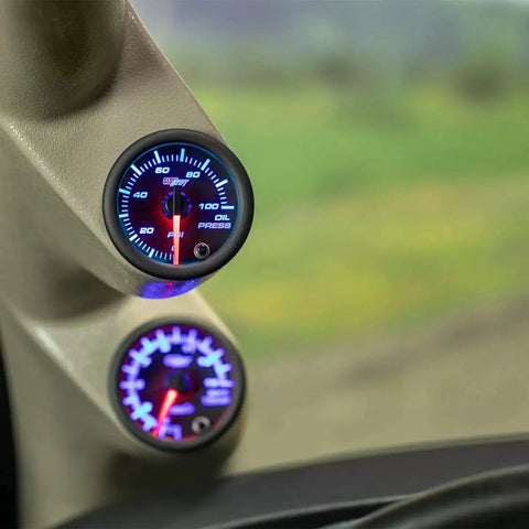 Seven Color Oil Pressure Gauge Kit For Cars And Trucks With Zero To One Hundred PSI Range, Two And One Sixteenths Inch Dial installed
