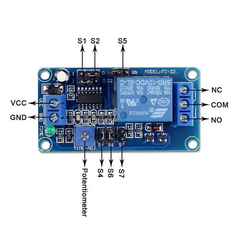 12V Time Delay Relay Module for Smart Home Automation and Arduino Projects, showing labeled components and connections.
