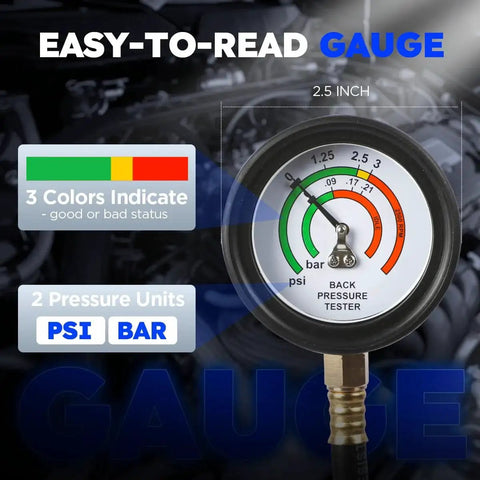 Back Pressure Exhaust Tester Kit With Carrying Case And 6 Foot Hose gauge close-up showing PSI and BAR units and color indicators.