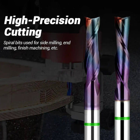 Side view of 1/4 Inch Shank Upcut Spiral CNC Router Bit With 2 Flutes, 1 Inch Cutting Depth, used in woodworking.