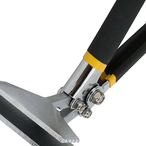 Close-up of 3 Inch Curved Sheet Metal Hand Seamer for bending, flattening and straightening, pro-grade metalworking pliers with black grip