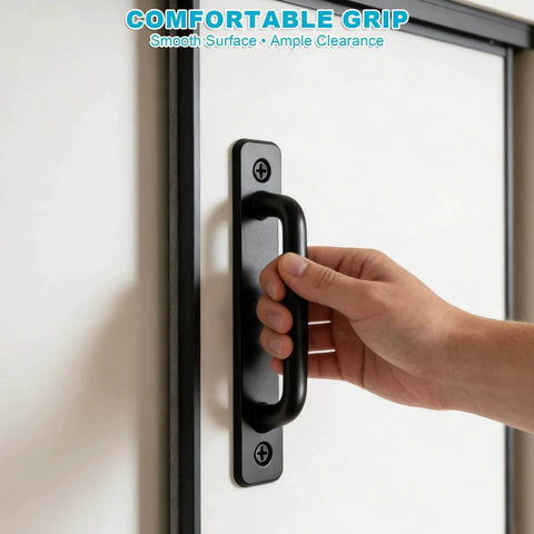 Hand pulling on Matte Black Barn Door Handle from 2 Pack Heavy Duty Aluminum Alloy Pull Handles with 5 Inch Hole Center, easy to install.
