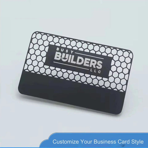 Thick 0.42mm Aluminum Business Card Blanks For Laser Engraving with busy builders design, matte black metal card, customizable style