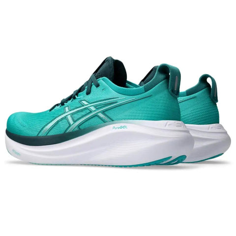 Gel Nimbus 27 Men's Running Shoes Size 9.5 Wave Teal Saxon Green Ultra Cushioned Ride With Engineered Jacquard Mesh Upper Eco Friendly Materials