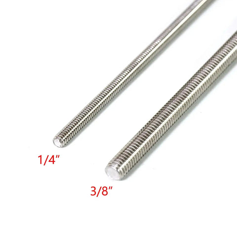 Close-up of Stainless Steel Fully Threaded Rod Quarter Inch 20 TPI 12 Inch Right Hand 4 Pack next to 3/8 inch rod