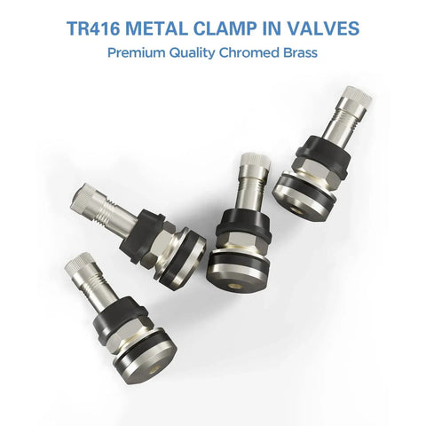 4 Pack TR416 Metal Valve Stems for Outer Mount Rim Holes Fits 0.453 Inch and 0.625 Inch, 1.5 Inch Length, Silver Finish with Brass Core and EPDM Rubber Seal No Sweat Install, Chrome Plated, 130 PSI Rating, Leak Tested Tire Valve Stems