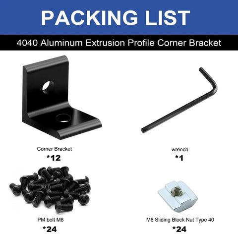 Packing list for 12 Pack 4040 Corner Bracket Connector For 40x40 Aluminum Extrusion Profiles, includes bracket, wrench, screws.