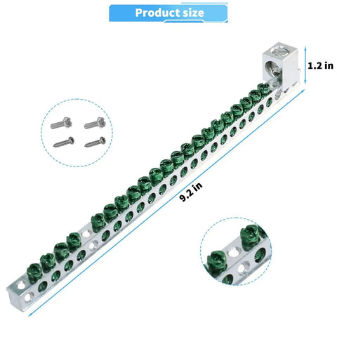 21 Terminal Grounding Bar Kit For BR And CH Series Load Centers with screws, 9.2 in long, 1.2 in high, corrosion-resistant silver finish.