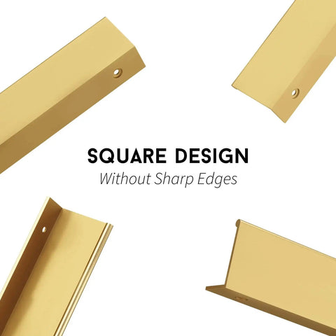 Close-up of Champagne Gold Finger Edge Pulls Set Of 10 For Drawers And Cabinets 5 Inch Hole Center Handles in square design.