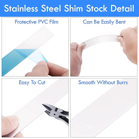 Detailed features of 304 Stainless Steel Shim Stock Set 12 Inch Length, 1 Inch Width, 0.024 Inch Thick Metal Strips For Gap Filling displayed