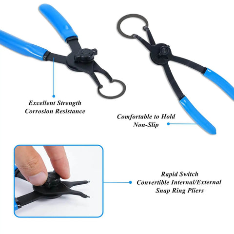 12 Piece Convertible Snap Ring Pliers Set For Internal And External Rings with blue handles and easy switch knob.