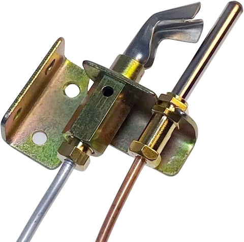 Water heater pilot assembly with thermocouple and copper tubing for natural gas; metal bracket and brass fittings.