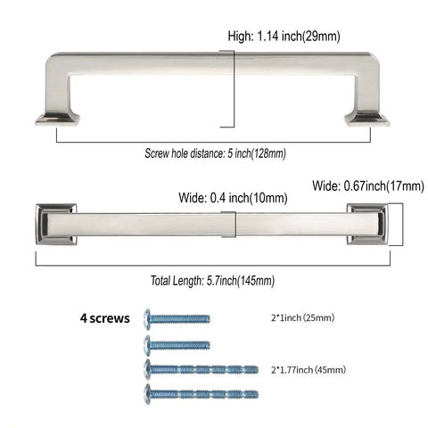 Diagram showing 10 Pack 5 Inch Brushed Satin Nickel Cabinet Pulls Zinc Alloy Kitchen Cabinet Handles dimensions and included screws