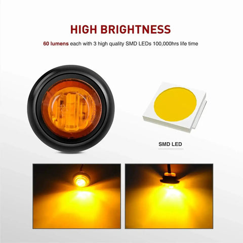 10 Pack Three Quarter Inch Round Mini Led Clearance Lights For Trucks RVs Rigs Buses Trailers Vans Caravans And Boats 12V Red And Amber With Rubber Grommet Surface Mount 60 Lumen Front Rear Side Marker Indicator Kit, showing amber light brightness and SMD LED details