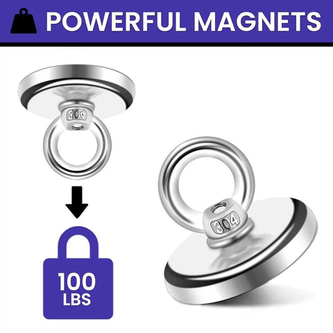 Six Pack Neodymium Fishing Magnets 100 Lb Pull For River Retrieval, close-up of two metal magnets with 100 lb pull label