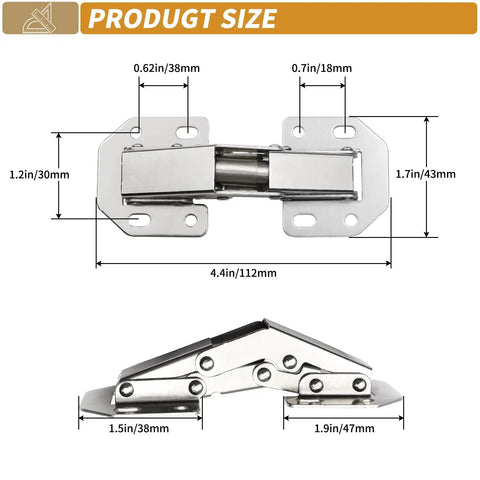 Two Pack Hidden Hinges For Frameless Cabinet Doors 90 Degree Concealed Surface Mount Hinges with measurements in silvery color