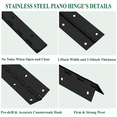 2-pack heavy duty piano hinge, 2 in open width x 20 in long, black stainless steel with predrilled holes