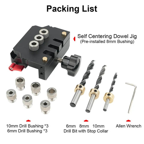 Self Centering Dowel Jig Kit For Woodworking Edge Corner And Surface Joints 6mm 8mm 10mm Dowel Pins shown with accessories