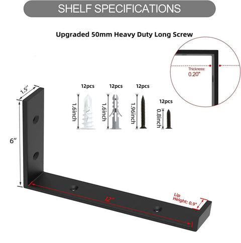 12 Inch Heavy Duty Floating Shelf Brackets Set of 6 with screws, industrial black iron, wall mounted, shelf specifications shown.