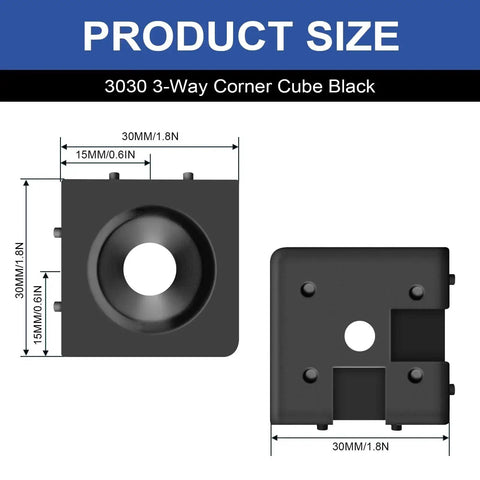 Dimensions of 3030 3-Way Corner Cube Black for Aluminum Extrusion, shown with precise measurements for T Slot and V Slot hardware assembly.