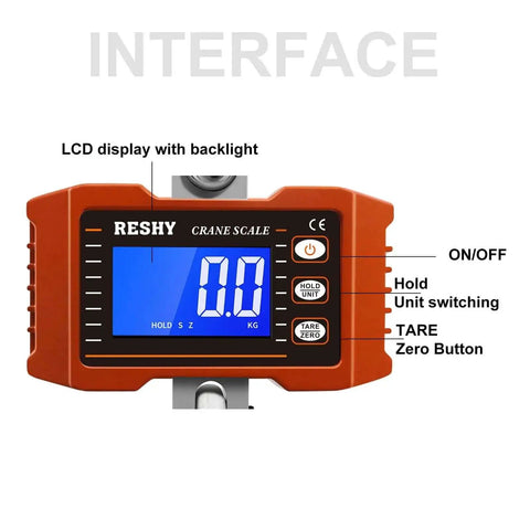 Digital Crane Scale Heavy Duty 2200lb 1000kg Hanging Scale interface showing LCD display and control buttons