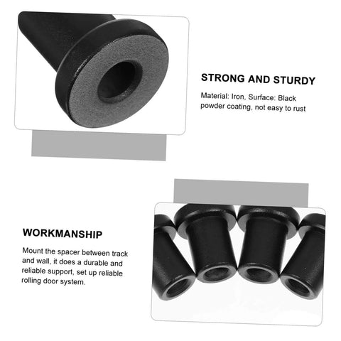 Four Piece Carbon Steel Track Spacers For Sliding Barn Doors Replacement Hardware Kit close-up of black spacers.
