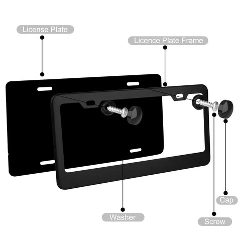 Matte Black 2 Pack License Plate Frame Holder With 2 Holes, 304 Stainless Steel, Rustproof And Easy Mounting Accessories, 12.25 By 6.3 Inches, Street Legal, Fits All Plates In Canada showing installation components and frame features.