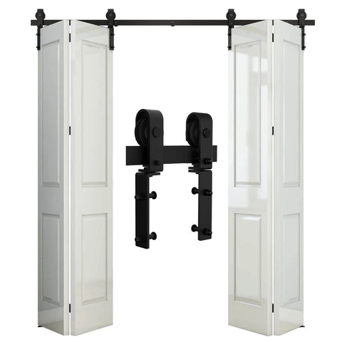 Beefed Up Heavy Duty Bi Folding Barn Door Sliding Track Kit For Four Doors 6 Foot 72 Inch Rails Frosted Black Finish Carbon Steel Hardware