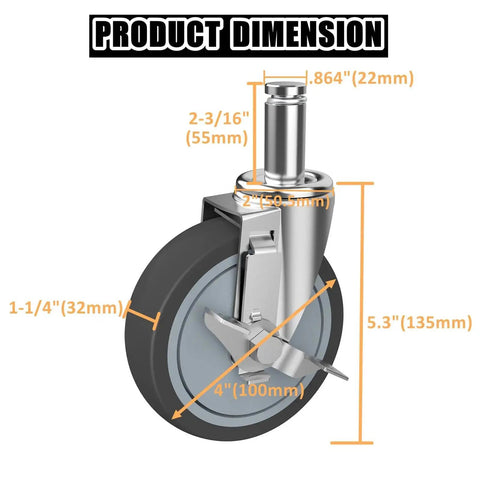 Detailed view of 4-Inch Caster Replacement Wheels Set Of 4 For Wire Shelving Racks And Scaffolding With Brake Heavy Duty Compatibility, with measurements.