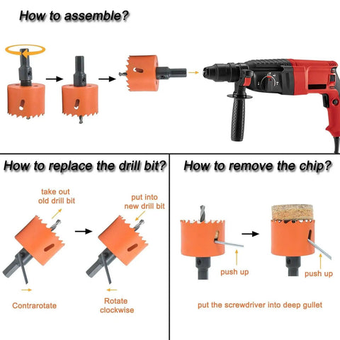 Easy Install Door Lock Hole Saw Kit with one inch and two one eighth inch bi metal saws and arbors for wood and metal doors instructions