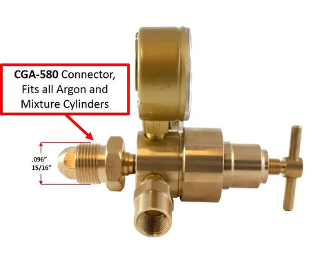 Side view of Industrial Argon Regulator And Flowmeter for MIG and TIG Welders with CGA580 inlet and dual gauges, showing connector details. By SÜA.