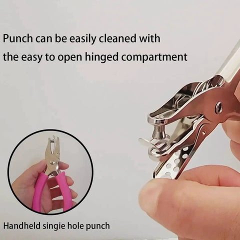 Soft Grip Hole Punch Set With Two Handy Mini Punches In One Quarter Inch And One Eighth Inch, pink handle, close-up view.