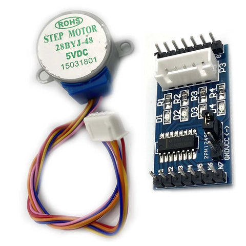 28BYJ-48 stepper motor with ULN2003 driver board; blue housing, white connector, multi-color wires