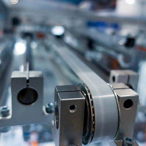 Close-up of SHF30 Aluminum Linear Rod Rail Shaft Support 4 Pack With Wrench For 30mm Shaft Mounting Brackets in machinery setup